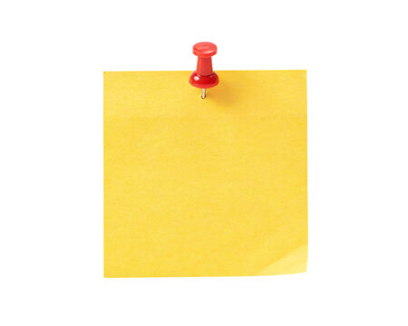 Yellow sticky note pinned with a red pushpin on solated on transparent background