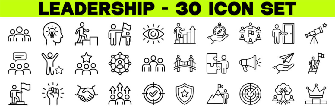 Leadership Line Icon Set &ndash; Leader, Team, Direction, Confidence, and Vision Editable Stroke Vector Icons