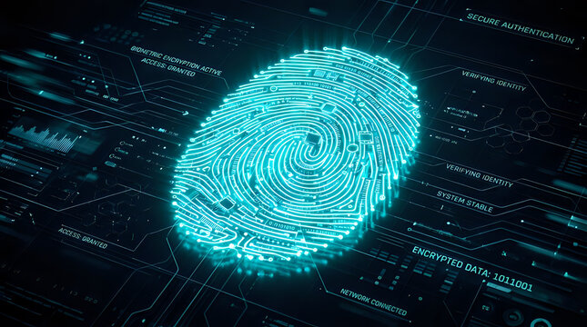 Digital fingerprint scanner icon representing cybersecurity and biometric identity verification with biometric security cyber security digital access