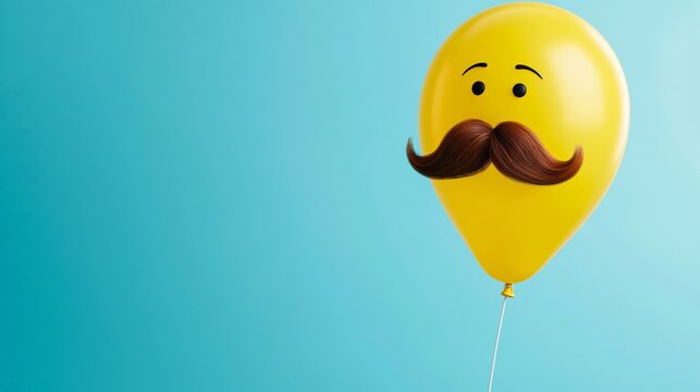 Yellow balloon character featuring a brown mustache, eyes, and eyebrows on a vibrant turquoise background