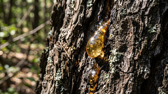 A large glowing drop of golden resin glistening on pine tree bark in close up