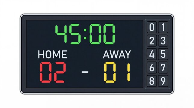 Digital sports scoreboard showing game time and competition match scores isolated on white background