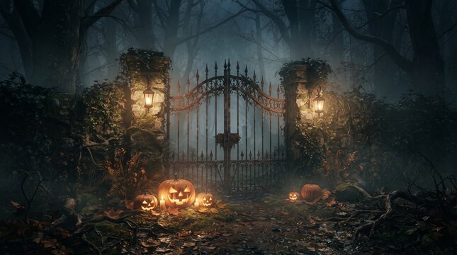 霧の立ちこめる夜の古い鉄の門と光るランタンとジャック・オ・ランタンの不気味なハロウィンの風景