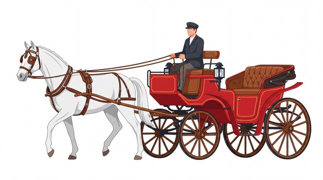 Elegant white horse pulling a detailed red vintage carriage with a driver on white background
