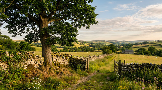 A picturesque countryside view with a stone wall wooden gate oak tree and rolling green hills