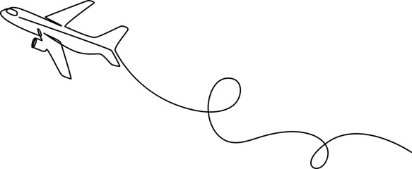 airplane line art style vector with transparent background, Suitcase and airplane drawn with one editable line. Continuous single line drawing on travel theme. Vacation concept, air travel © design hil