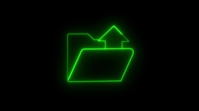 Futuristic Green neon upload icon featuring an outlined box and upward arrow glowing against a black background