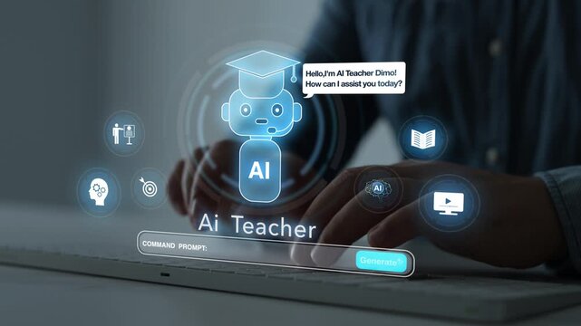 AI education concept with virtual teacher and smart chatbot. Digital learning technology helping students study, understand lessons and develop new skills.