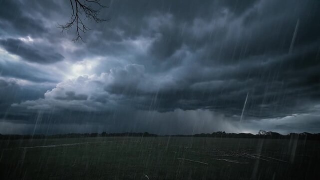 Dark heavy storm clouds across a dramatic sky, streaks of rain falling steadily in the foreground, distant flashes of lightning briefly illuminating the cloud formations