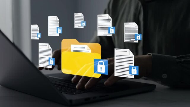 Secure document and file protection concept with digital lock. Data privacy, encryption and controlled access for confidential business information.