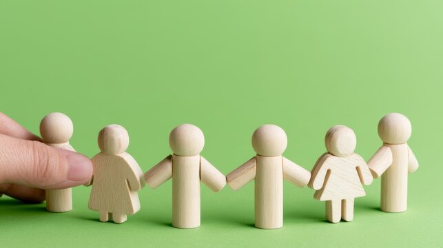 Wooden Figures Representing Circular Supply Chain Connection on Green Background
