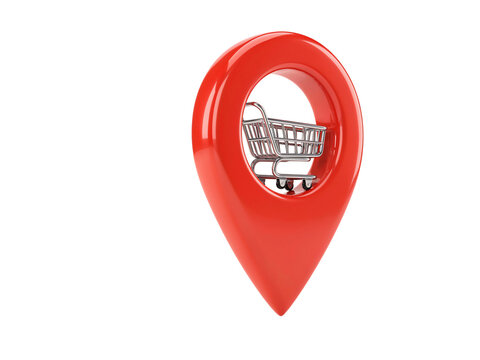 Red location pin with shopping cart inside on black solated on transparent background
