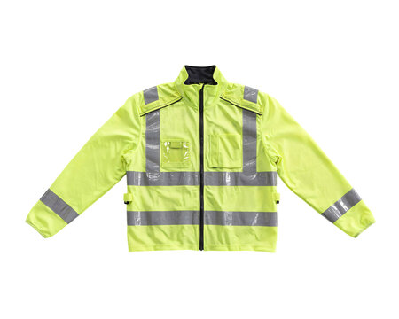 Visibility neon yellow safety jacket with reflective strips solated on transparent background