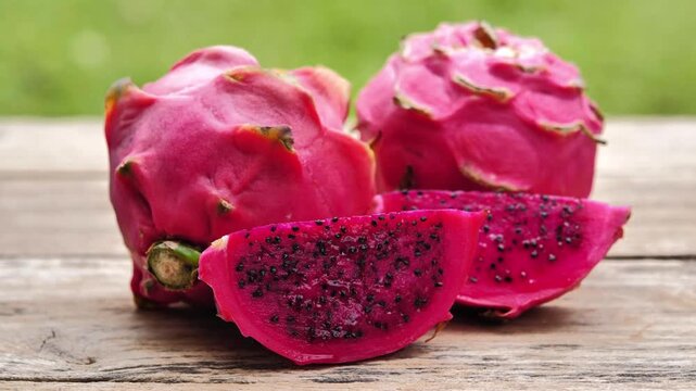 Fresh Red Dragon Fruit on wooden