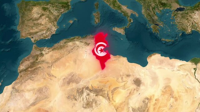 3D Animated Map of Tunisia Highlighting Governorates, Flag Overlay, and Mediterranean Borders