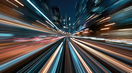 Fototapeta premium Fast moving city lights streaking through urban night