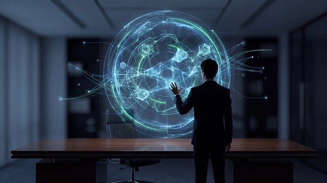 A professional interacting with a digital globe, symbolizing innovation and global connectivity in a modern workspace.