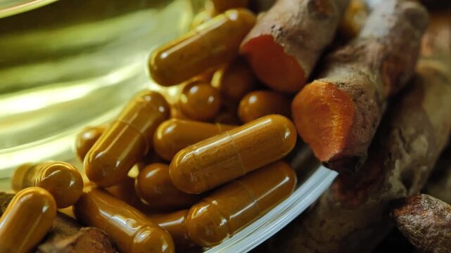 Turmeric capsules made from turmeric extract, presented as a natural herbal supplement and traditional herbal product