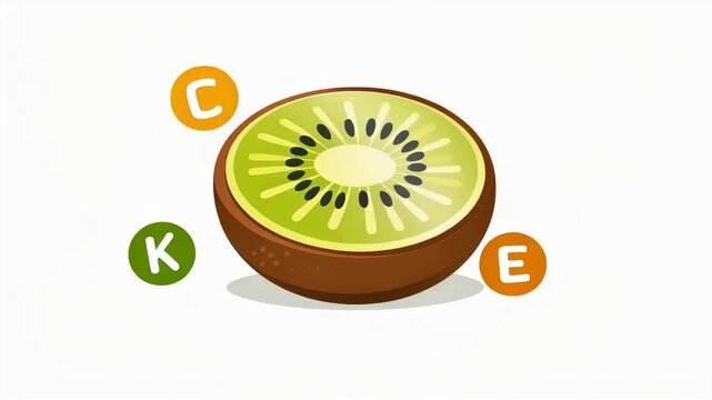 Half kiwi fruit with vitamin icons c, k and e orbiting around it on a white background healthy nutrition illustration