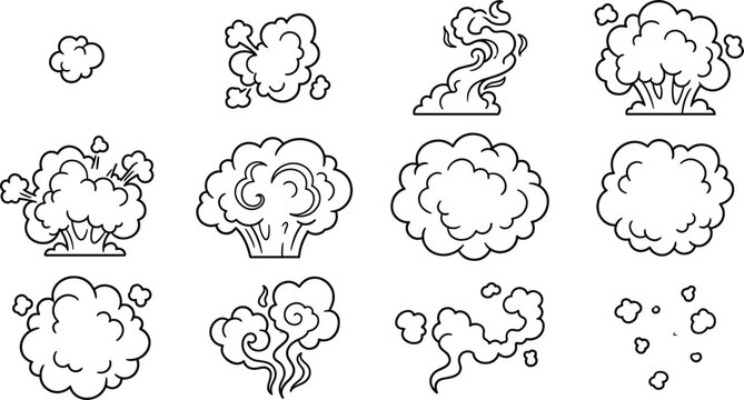 Cartoon Explosion and Smoke Vector Line Icon Set Featuring Comic Dust Clouds Vapor Trails and Blast Effects for Game Designs and Animations