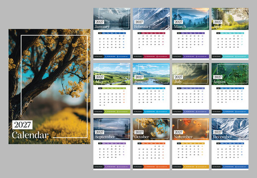 Editable Nature-Themed 2027 Calendar Template with Scenic Landscape Images and Monthly Pages.