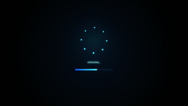 Software System Updating Screen with Glowing Blue Loading Circle and Progress Bar Animation