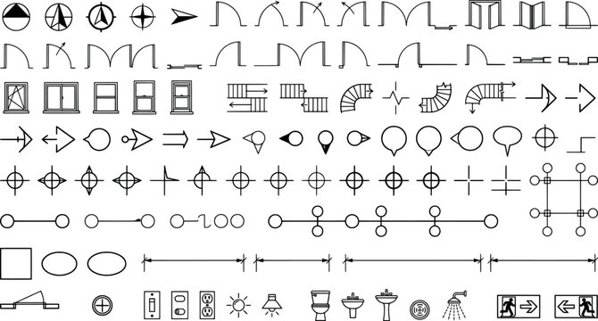 Architectural and engineering symbols set for floor plans including doors, windows, electrical, plumbing, and navigation