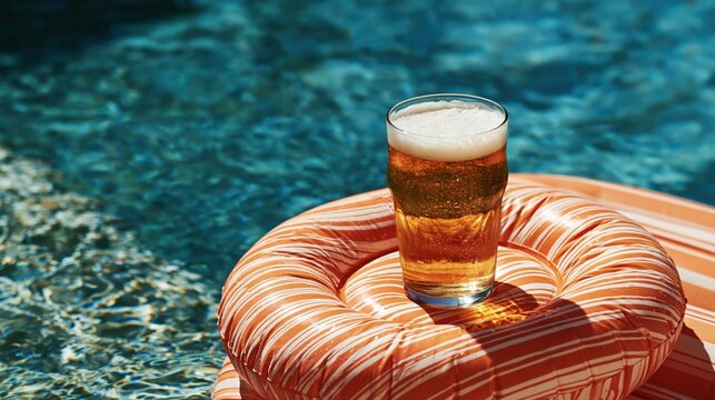 Beer glass on orange pool float in blue