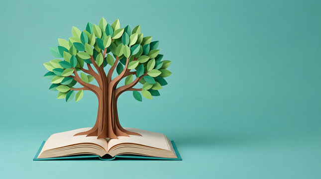 A beautiful paper craft tree growing out of an open book on a soft teal background