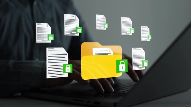 Secure folder protecting confidential documents and digital files. Data security, privacy and controlled access concept for business information.
