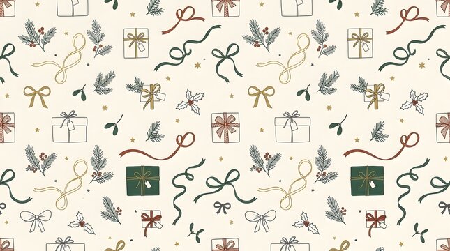 Seamless luxury Christmas wrapping paper pattern with gift boxes and festive pine branches