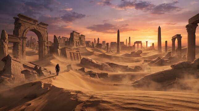 Ancient desert ruins at sunset, majestic archaeological site with stone arches and obelisks, cinematic landscape of a lost civilization in sand dunes