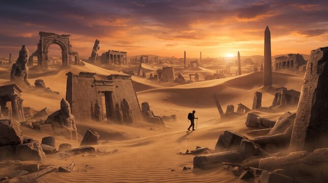 Ancient desert ruins at sunset, lone traveler walking through archaeological site, golden hour sand dunes with obelisks and stone arches