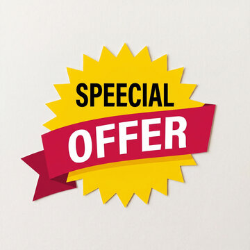 Yellow starburst special offer badge with red ribbon banner