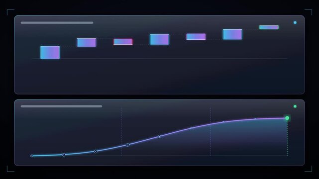 Futuristic digital dashboard featuring animated glowing line graphs and bar charts on a dark background for data visualization, high tech analytics, and user interface design concepts.
