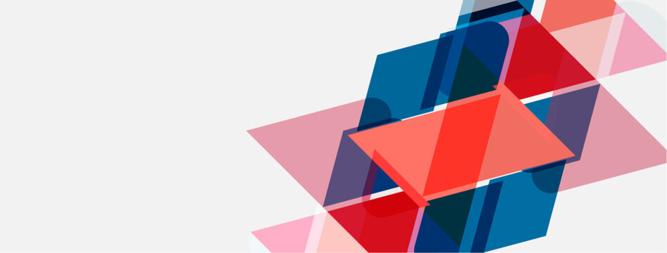 Abstract geometric shapes overlap, creating dynamic composition. Red, blue, pink hues dominate white background. Modern design elements present.