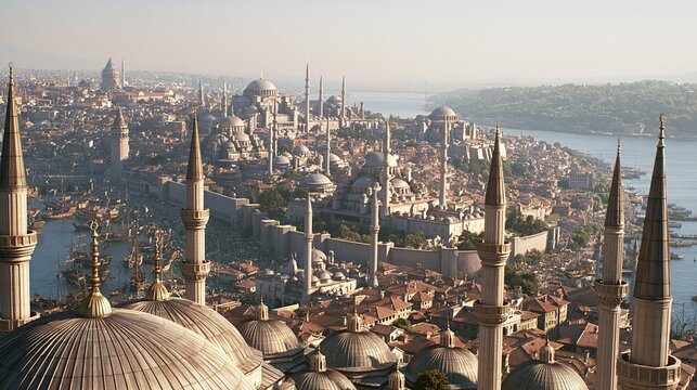 Historic cityscape with domes and minarets near water