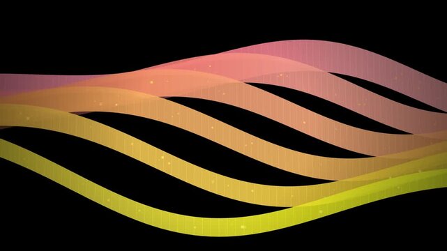 Abstract background with flowing transparent colorful wavy ribbons and small particle elements