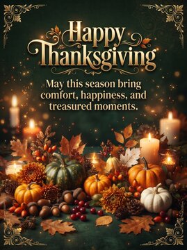 Dark Green Thanksgiving Greeting with Pumpkins Acorns and Candlelight