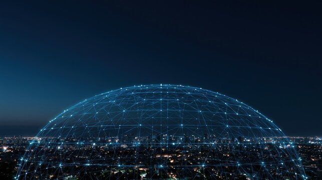 Digital network dome over city at night