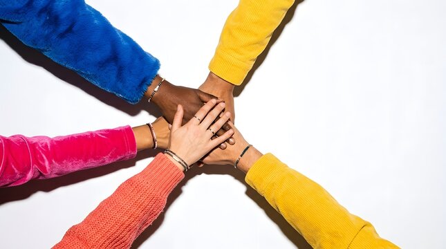 Diverse hands stacked together showing teamwork and unity
