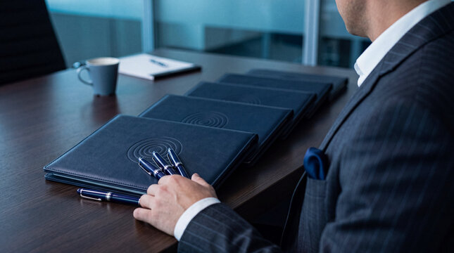 Businessman reaches for elegant pen on stacked folders in office