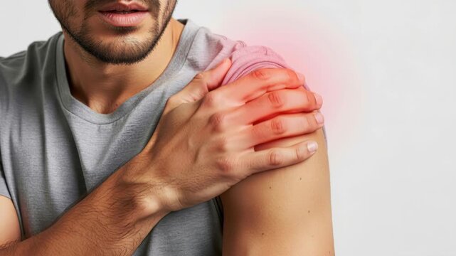 Shoulder Pain Relief: A man clutches his painful shoulder, a red aura highlighting the discomfort, symbolizing injury and the search for healing.