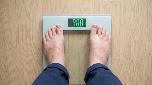 Top-down view of a person standing barefoot on a digital bathroom scale resting on a light wooden floor displaying 90.0 kg, representing weight management and health tracking.