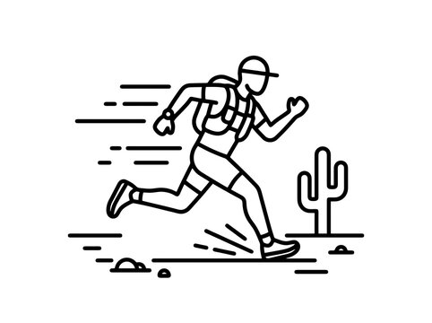 A runner with a backpack races through a desert landscape with a cactus while in motion