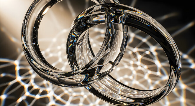 Two interlocking metallic rings displayed over a glowing geometric network pattern for the entire month of celebration