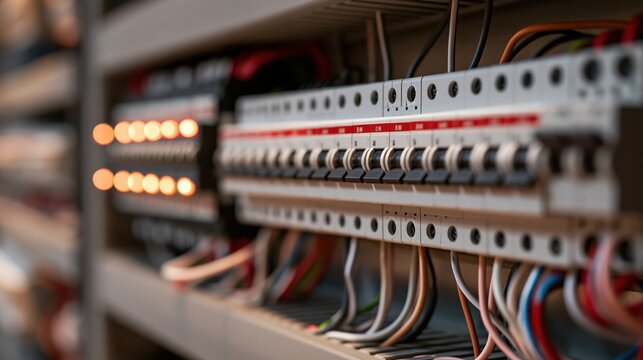 electrical panel with circuit breakers and colored wires