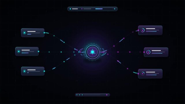 Futuristic HUD user interface design with digital data visualization panels and central glowing core processing unit on dark background, ideal for high-tech, cyber security, and AI concepts.