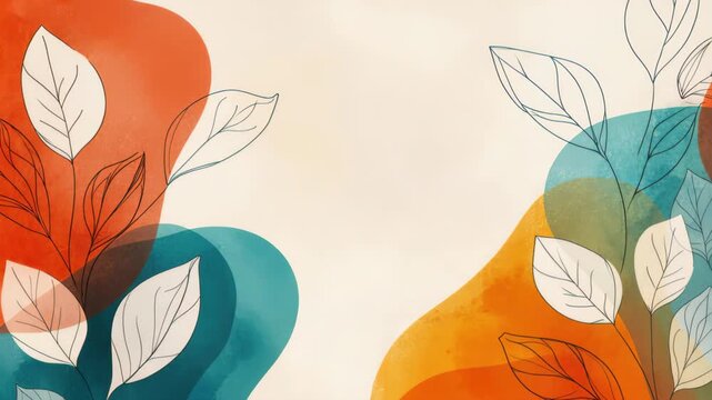 Abstract Floral Design with Watercolor Splashes: A modern and vibrant abstract design featuring stylized leaves and floral elements with organic watercolor shapes in warm orange, teal.