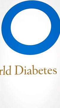 World diabetes day blue circle logo animation scales up and pans across a white background revealing gold text and symbol